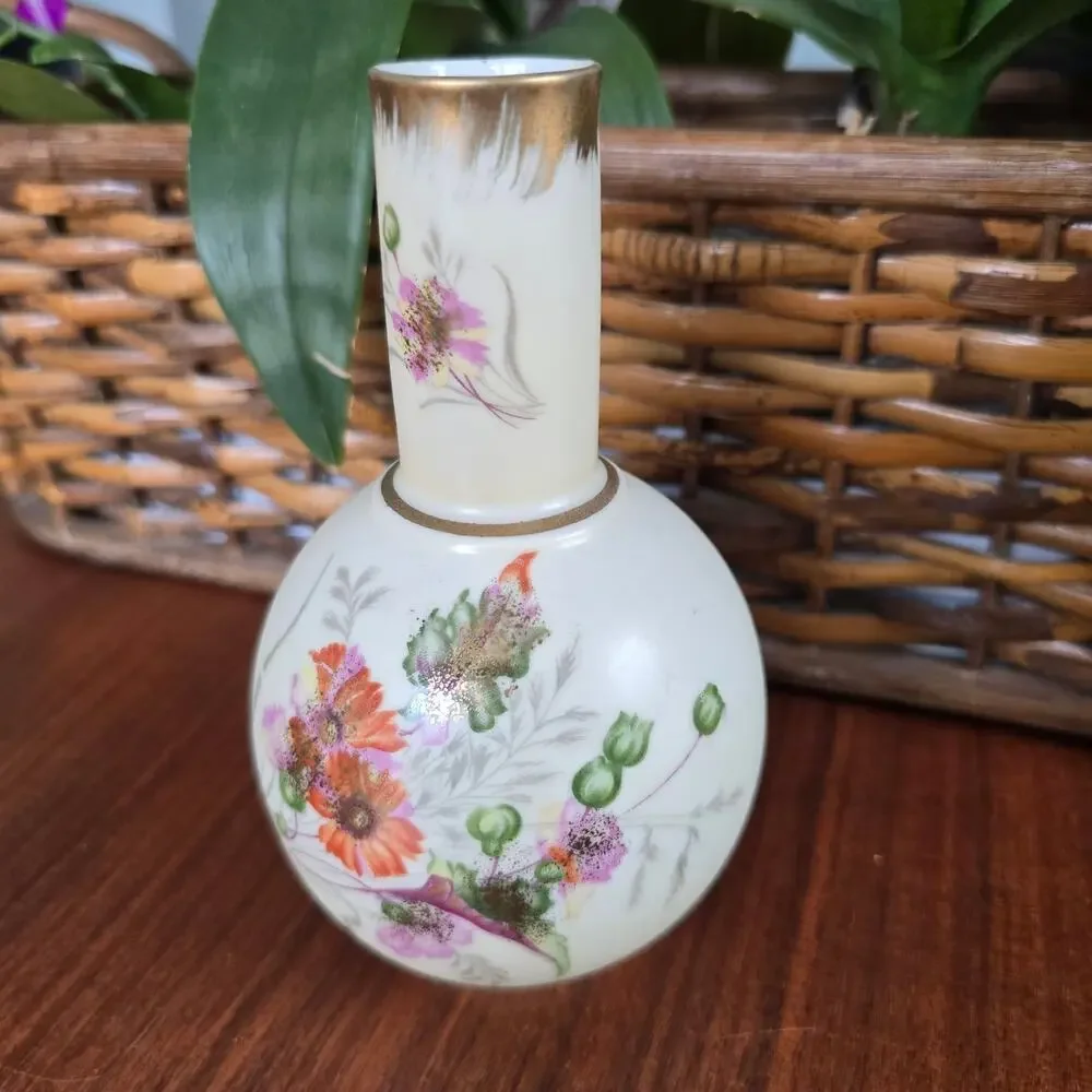 Vintage Bud Vase Hand Painted Orange Green Floral Gold Accents Cottagecore